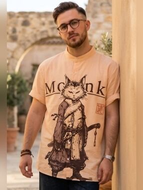 Monk Cat Japanese Art Painting  Button Down